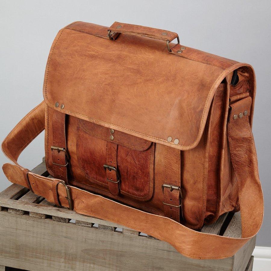 Personalized Tan Leather Laptop Bag with Name Initials A GANDHI by Bru