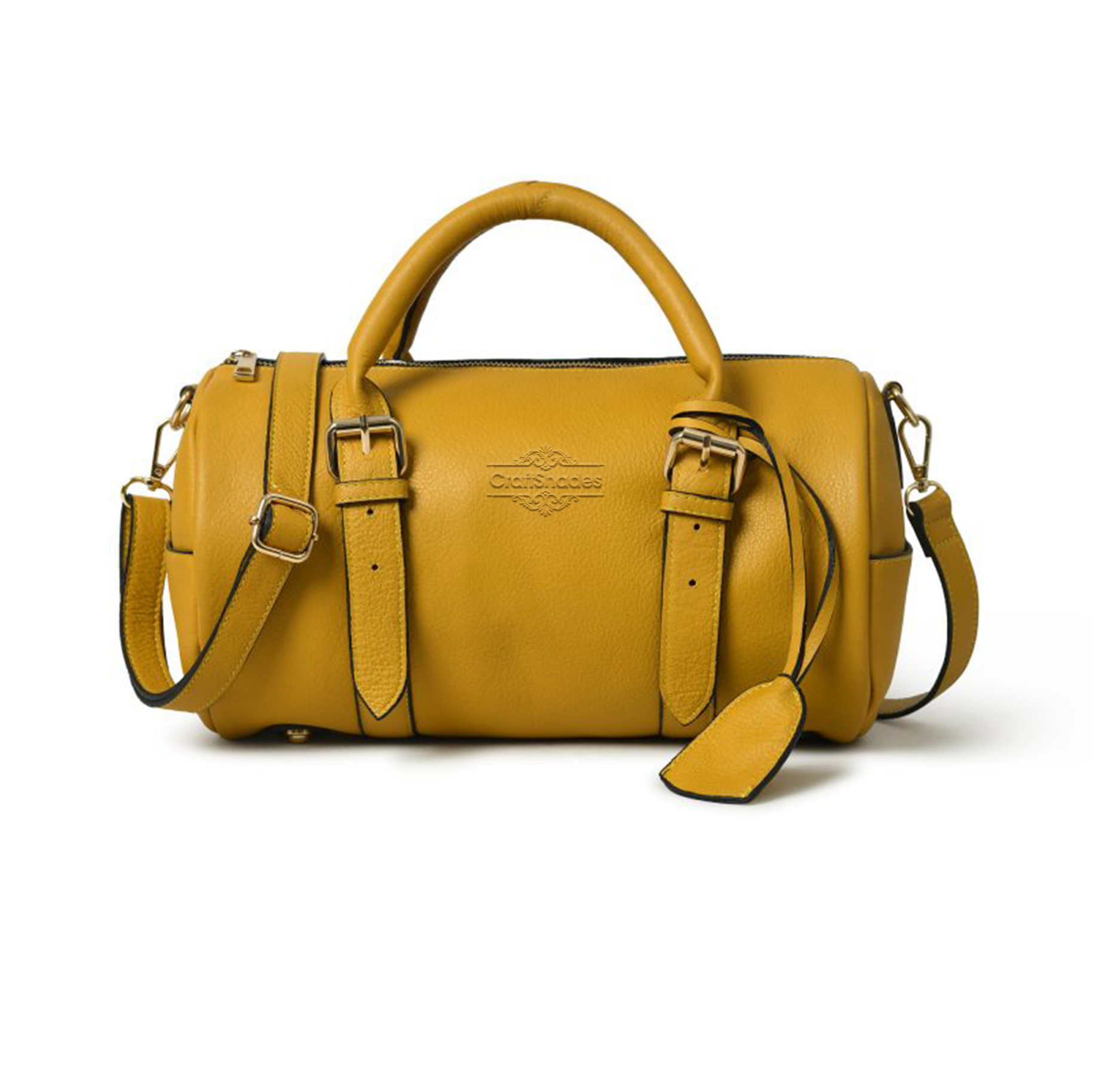 Yellow leather store duffle bag