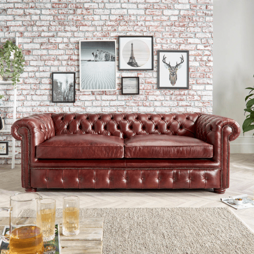 CraftShades Burgundy Three Seater  Genuine Chesterfield Leather Sofa